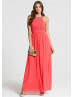 Coral Chiffon Beads Halter Neckline Long Prom Dress